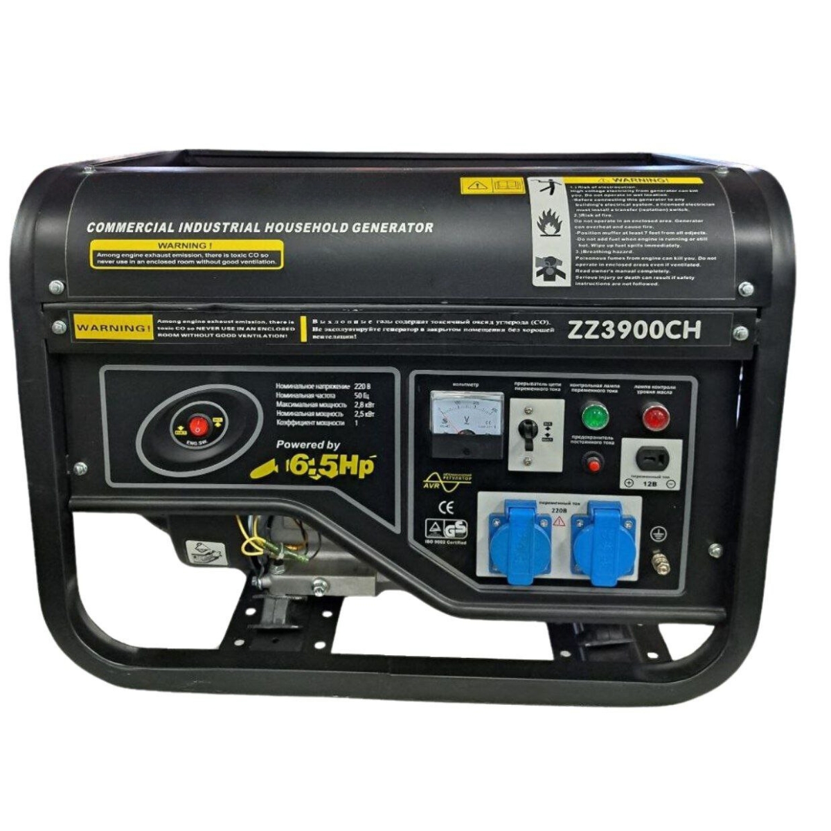Генератор бензиновый ZZ3900CH (220В, 2500/2800Вт, бак 15л, 1,1л/ч, на раме)