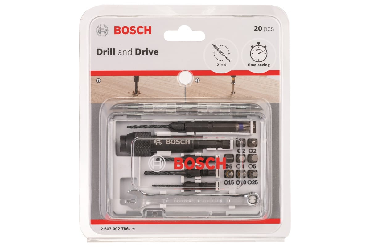 Набор бит 20шт Drill&Drive, со сверлами HSS и гаечным ключом BOSCH