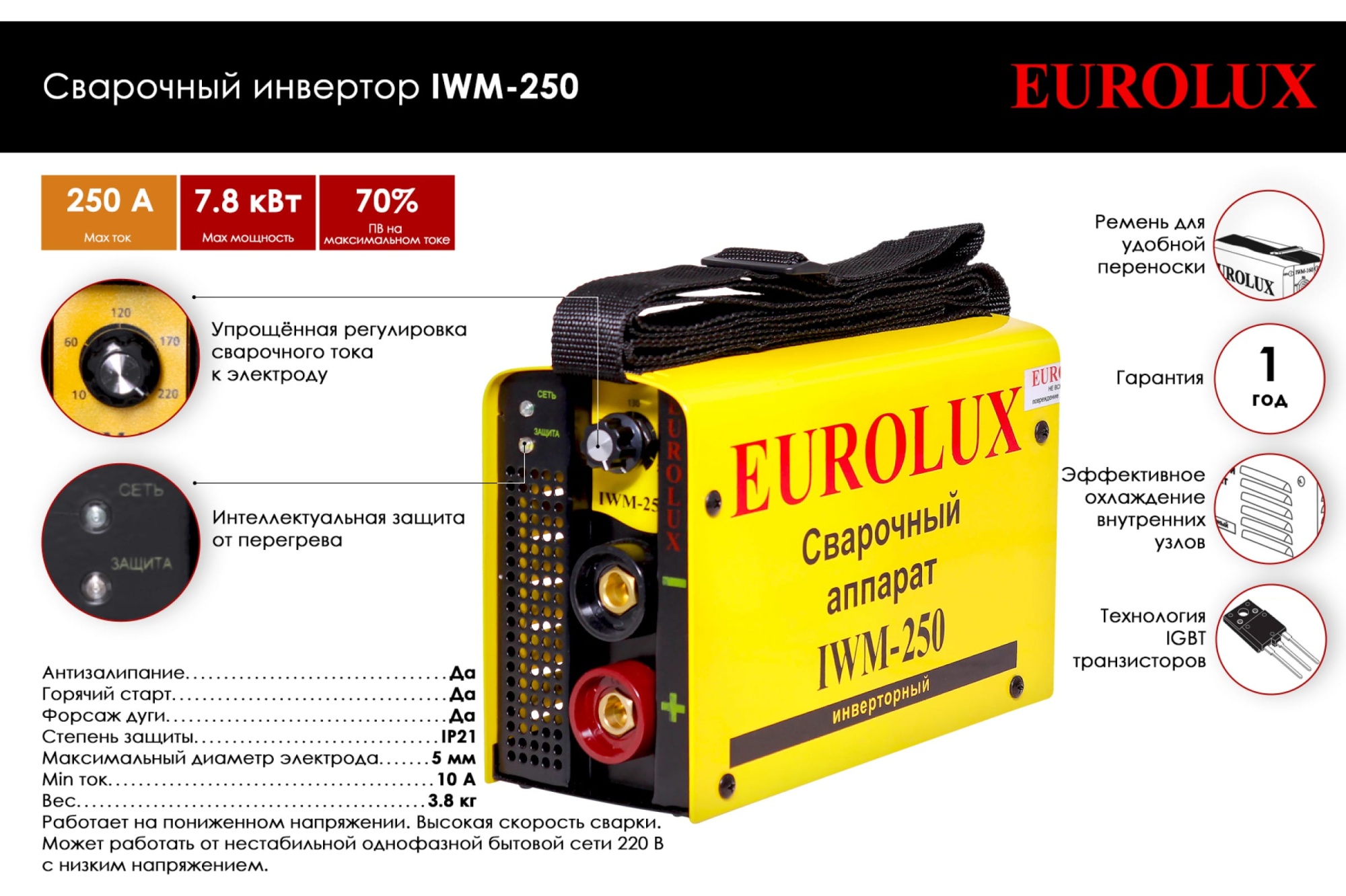 Сварочный инвертор IWM250 (10-250А, 140-260В, ток 29А, Ø6мм, ПВ70%, 5,0кг) Eurolux