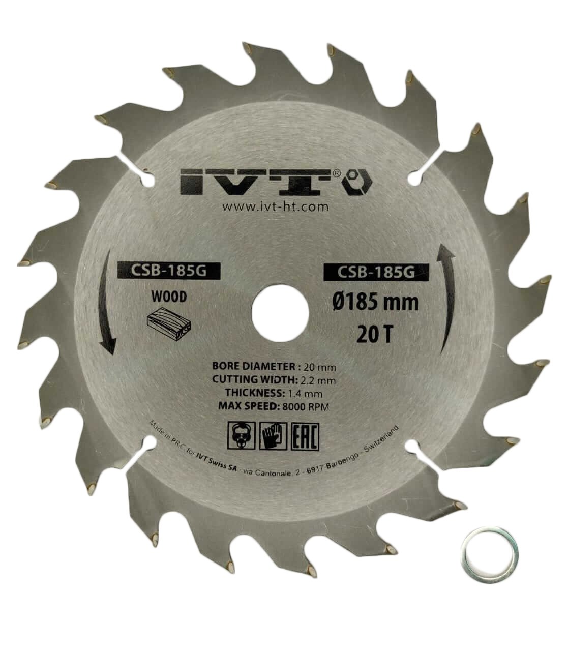Диск пильный CSB-185G, 185х16/20мм, 20Т с тв.спл. зубьями по дереву, ДСП, фанере IVT