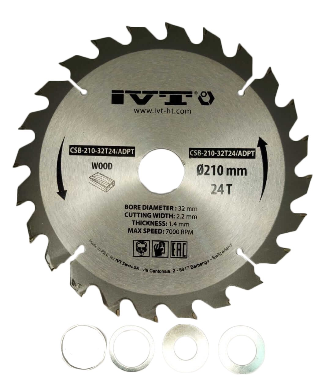 Диск пильный CSB-210-32T24/ADPT с тв.спл. зубьями по дереву, ДСП, фанере IVT