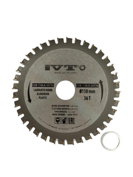 Диск пильный CSB-110LA-20T36, 110х20мм, 36Т с тв.спл. зубьями по ламинату, пластику, алюминию IVT