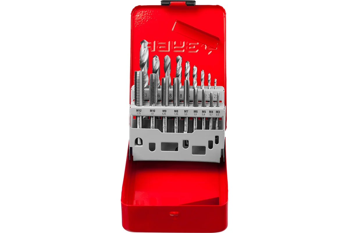 Набор ЗУБР "Эксперт" 18предм., метчики однопроходные М3-М12, сверла под резьбу, в металл.боксе