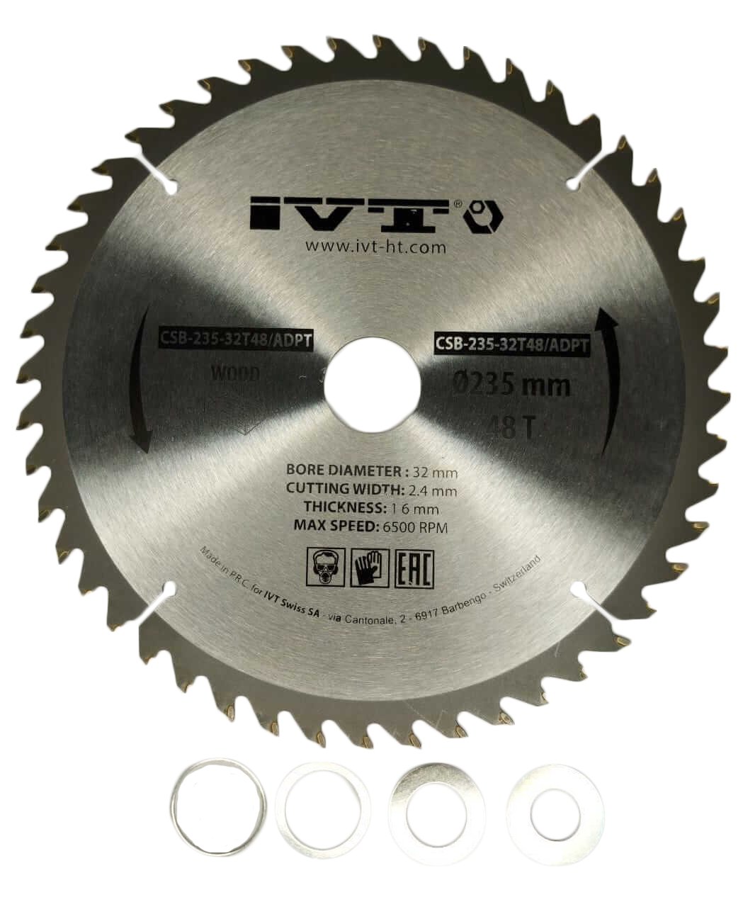 Диск пильный CSB-235-32T48/ADPT с тв.спл. зубьями по дереву, ДСП, фанере IVT