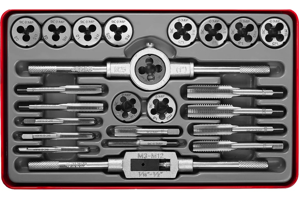 Набор ЗУБР "Эксперт" 24предм., метчики однопроходные и плашки М5-М12, в металл.боксе