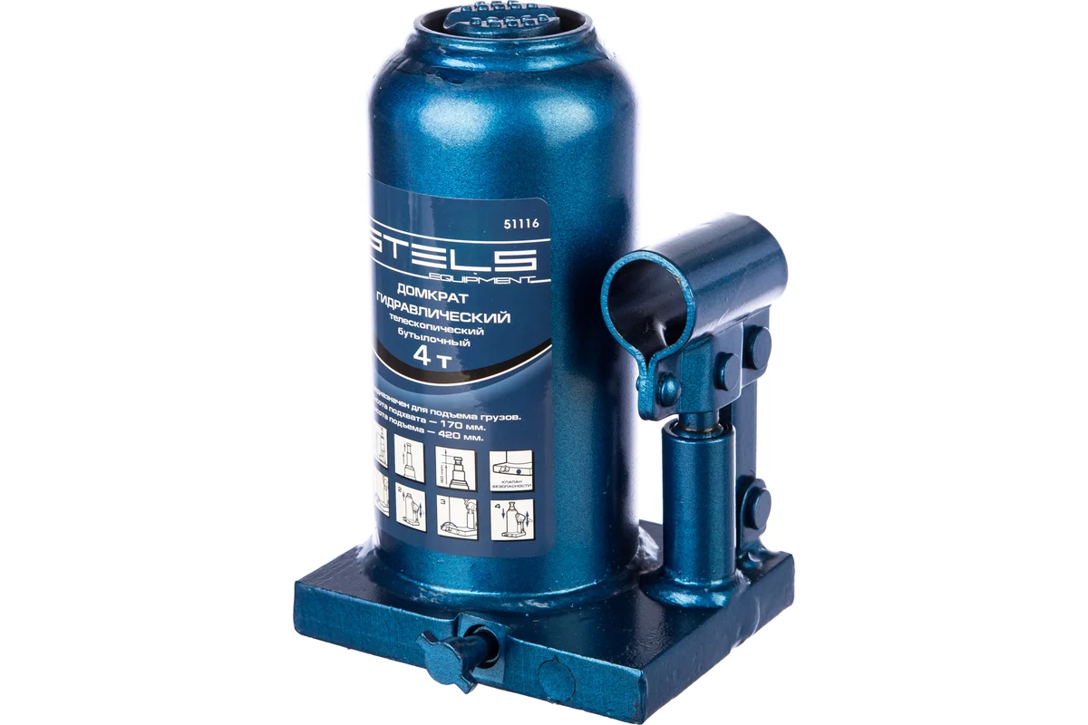 Домкрат гидравлический бутылочный телескопический 4т, высота подъёма 170–420мм STELS