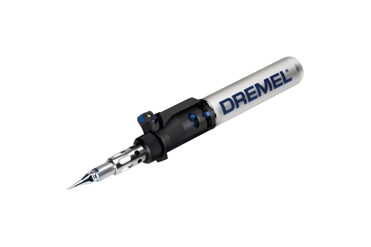 Газовый паяльник DREMEL Versatip (1200°C (атмосферный воздух) 680°C (горячий воздух) 550°C (насадки), ёмкость резервуара 17ml/9g, время горения 90мин, 6 насадок, кейс)