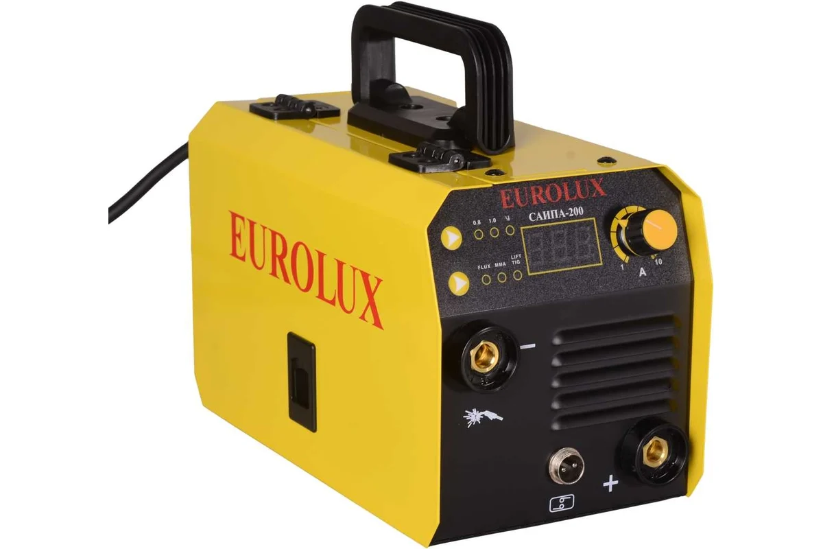 Сварочный полуавтомат САИПА-200 Eurolux (сварочный ток: сварки ММА 20-200А, в режиме FCAW (Flux) 40-200А, диапазон рабочего напряжения 140-270В, потребляемый ток 24А, напряжение холостого хода 40В, Ø сварочной проволоки/электрода 0,8-1,0мм/2,0-4,0мм, ПВ70