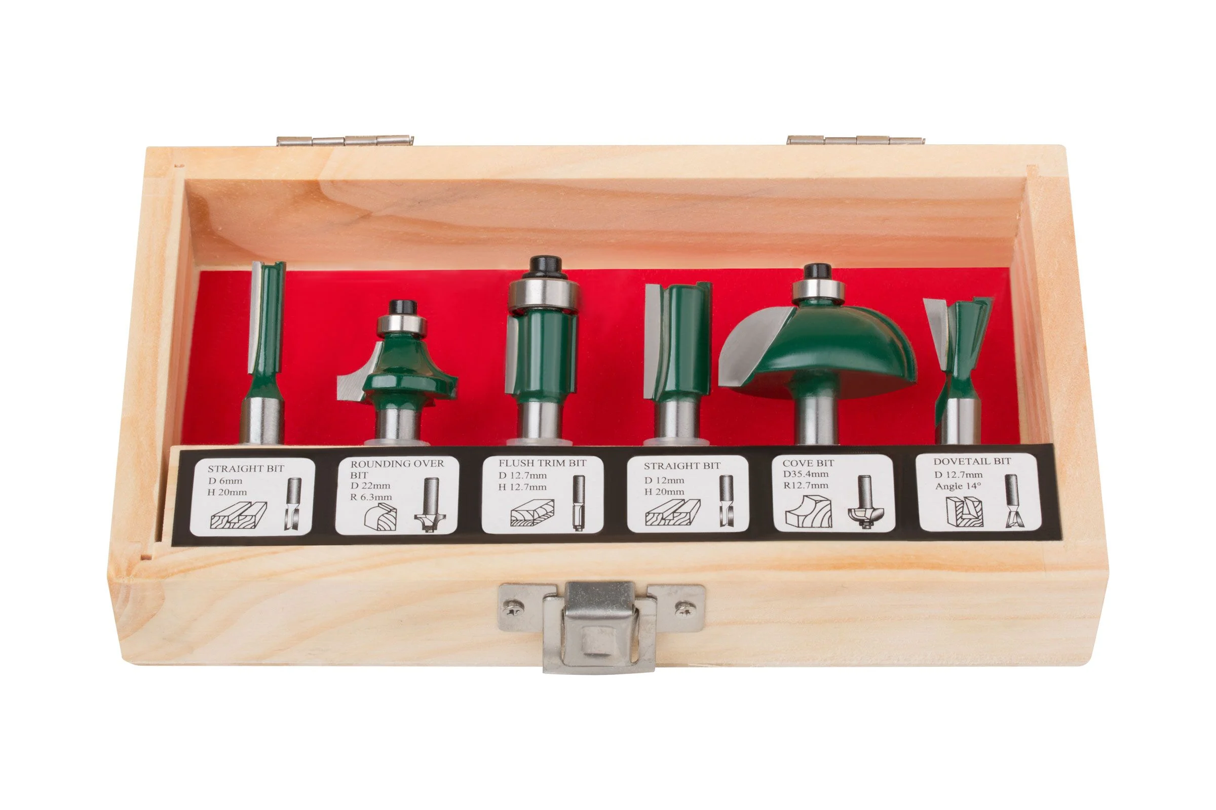 Фрезы по дереву для фасок 6шт, хвостовик 8мм, в деревянном кейсе FIT