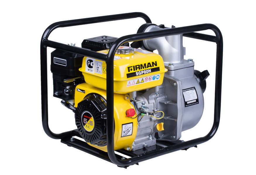 Мотопомпа SGP80H (4-х тактн., 5,5л.с., 1000л/мин, напор 30м, глубина всасывания 8м, макс.размер частиц до 6мм, патрубок Ø80мм, запуск - ручной кик-стартер, 26,5кг) FIRMAN