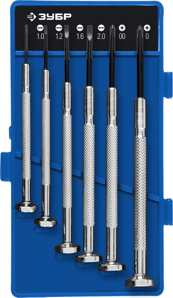 Набор цельнометаллических отвёрток ЗУБР 6шт, для особо точных работ, Cr-V стержень