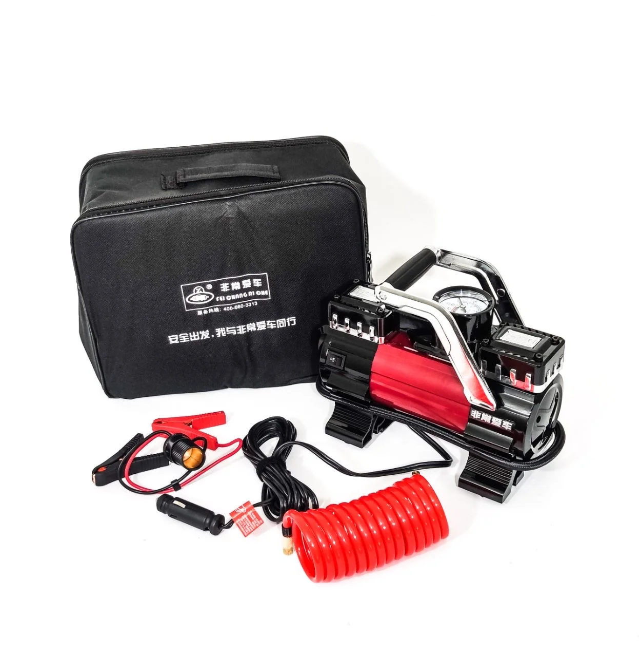 Компрессор для накачки шин 1364 (12В, 200Вт, 45л/мин, 2цил., манометр 0-7атм, сумка)