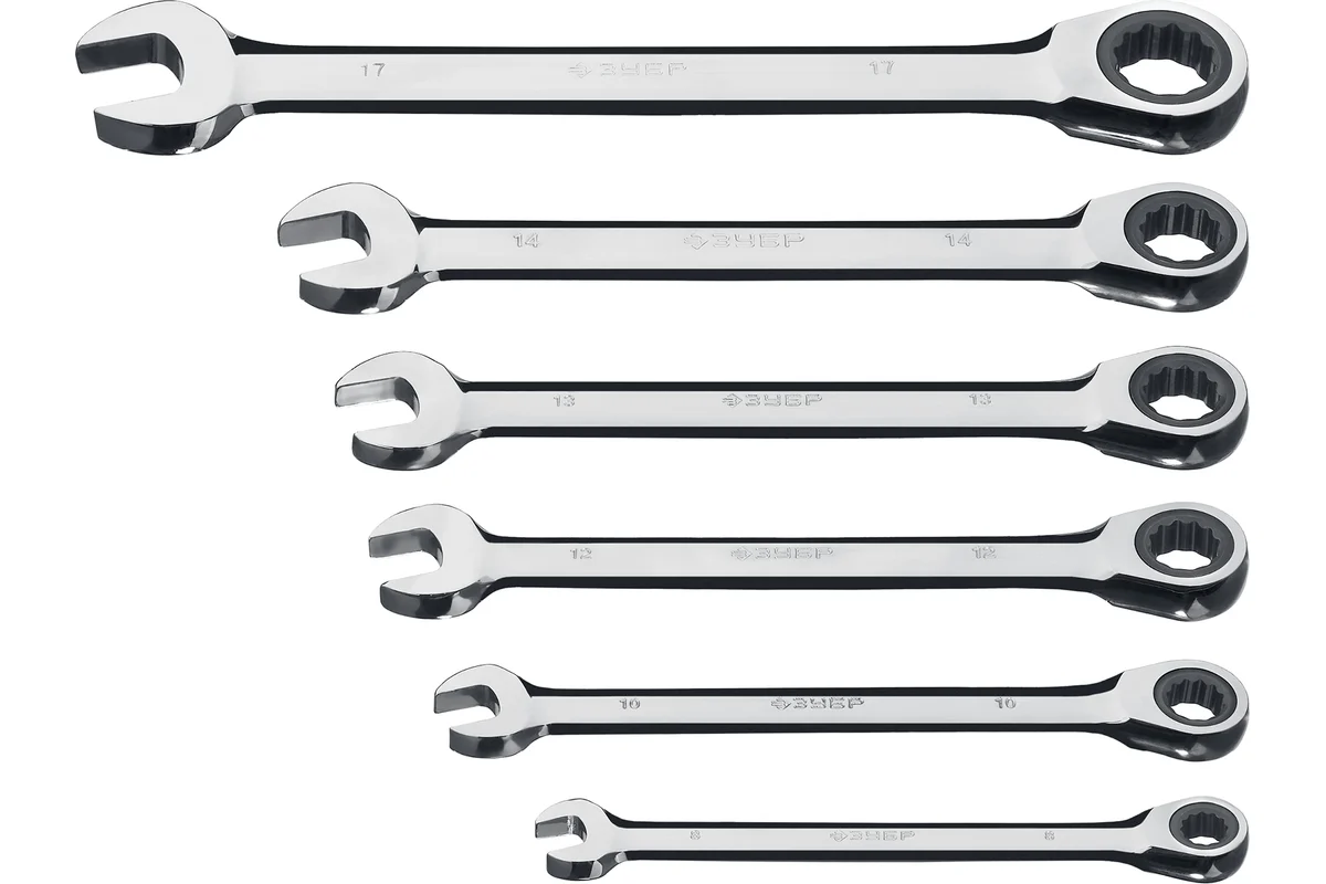 Набор ключей комбинир. трещоточных ЗУБР "Профи" 6шт, 8-17мм, Cr-V сталь