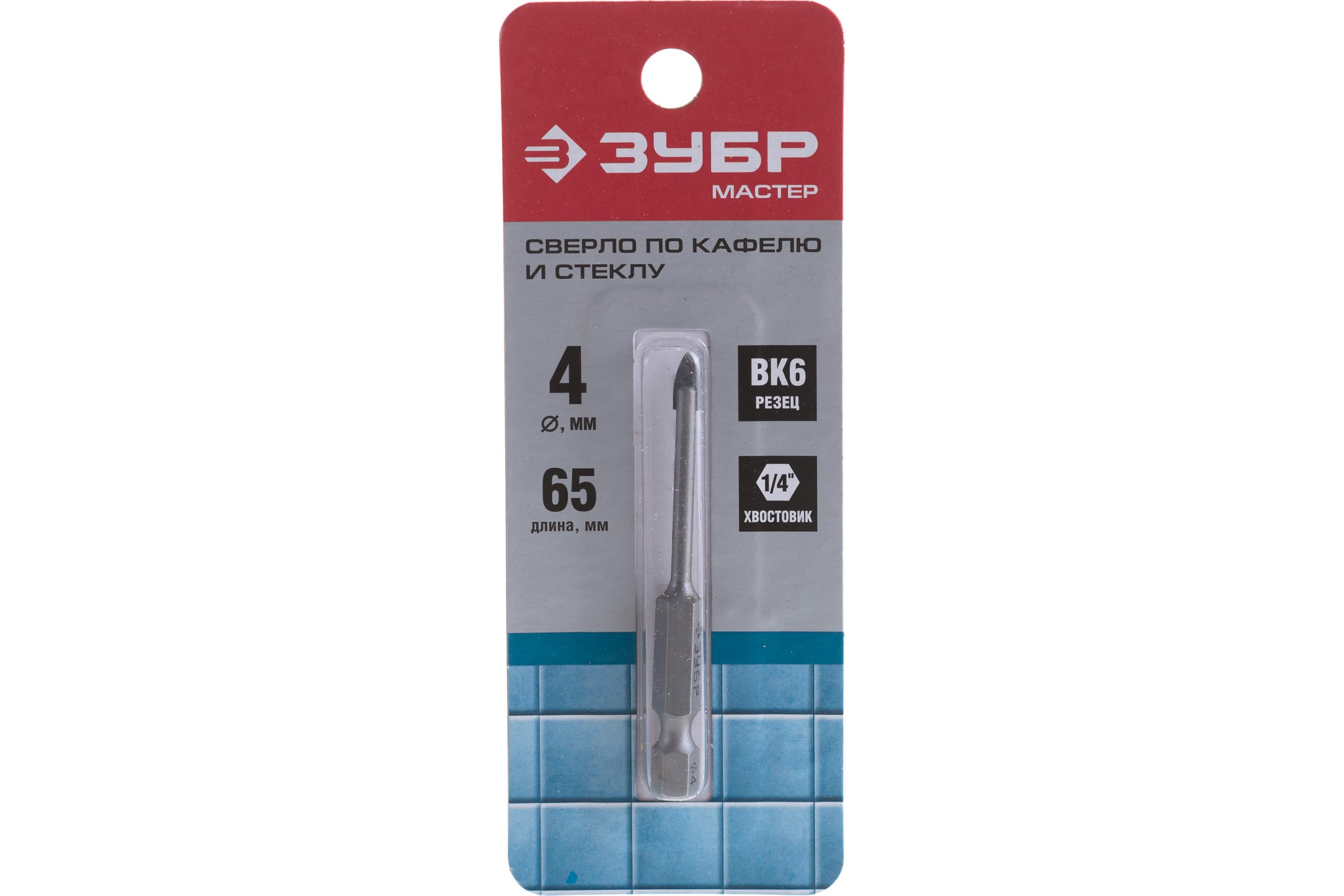 Сверло ЗУБР "Мастер" 4мм по кафелю, стеклу, с двумя режущими лезвиями, шестигранный хвостовик