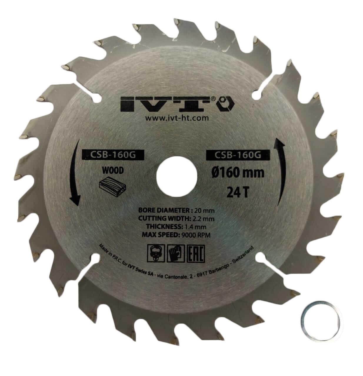 Диск пильный CSB-160G, 160х16/20мм, 24Т с тв.спл. зубьями по дереву, ДСП, фанере IVT