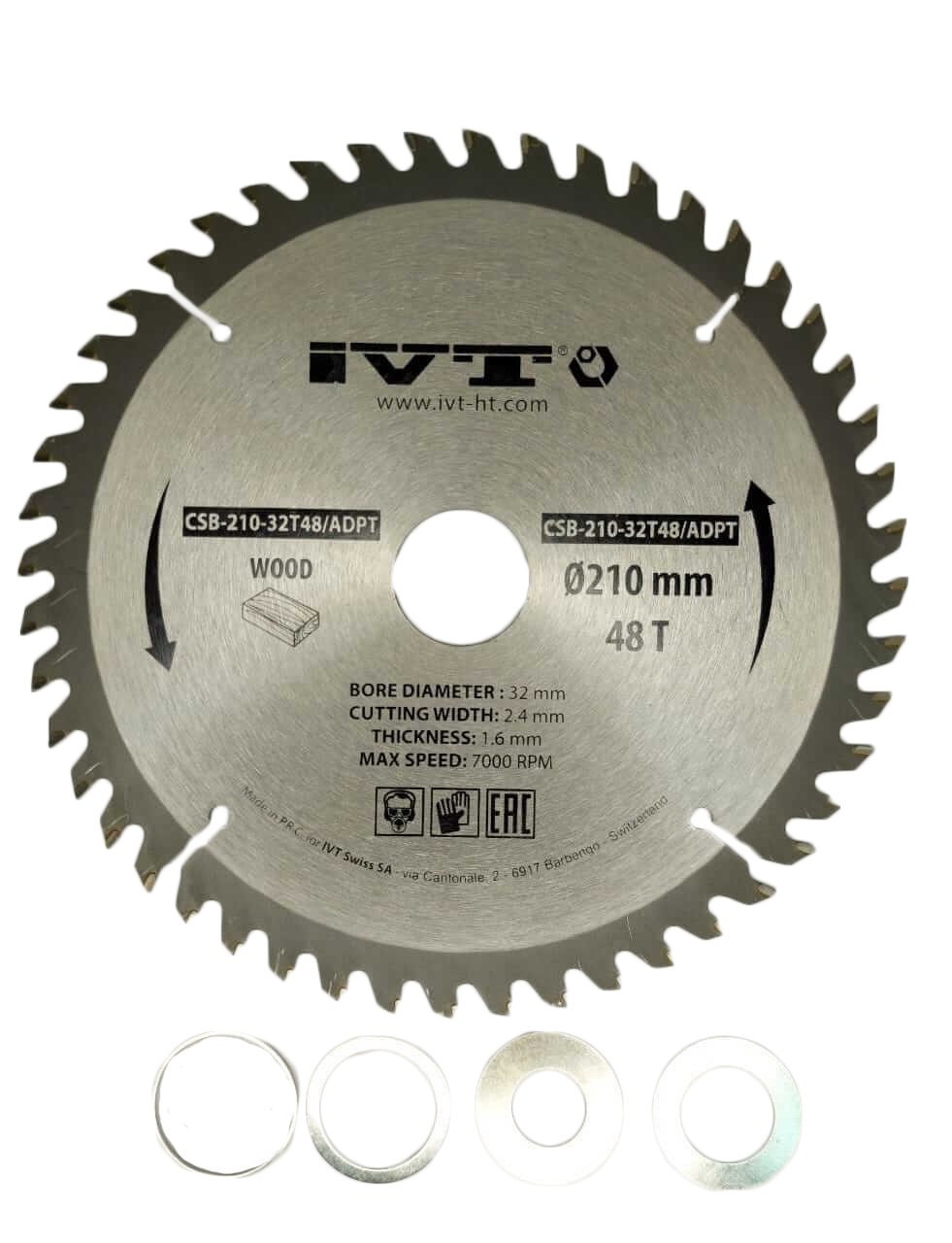 Диск пильный CSB-210-32T48/ADPT с тв.спл. зубьями по дереву, ДСП, фанере IVT