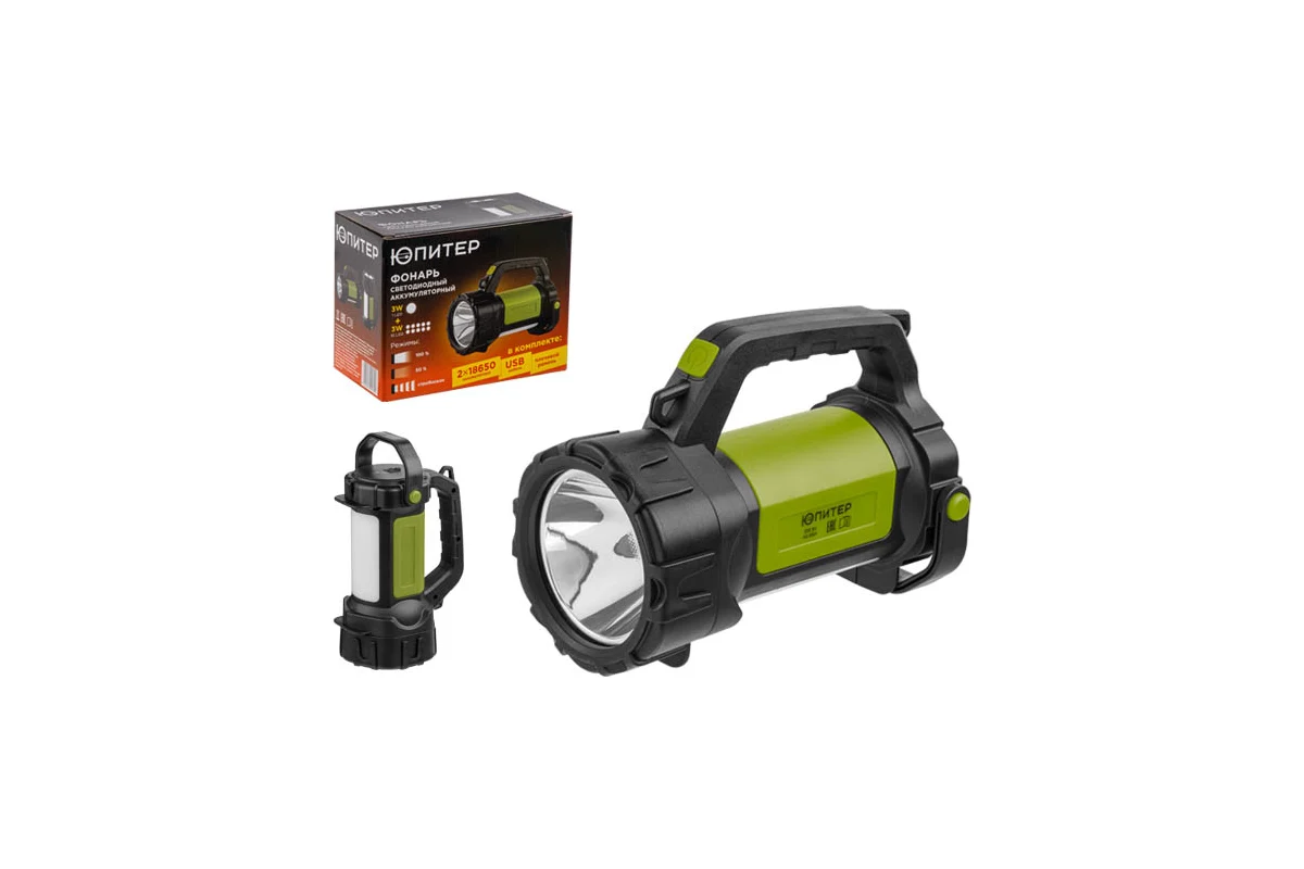 Фонарь светодиодный аккум. 3Вт+3Вт ЮПИТЕР (USB A - micro-USB кабель в комплекте)