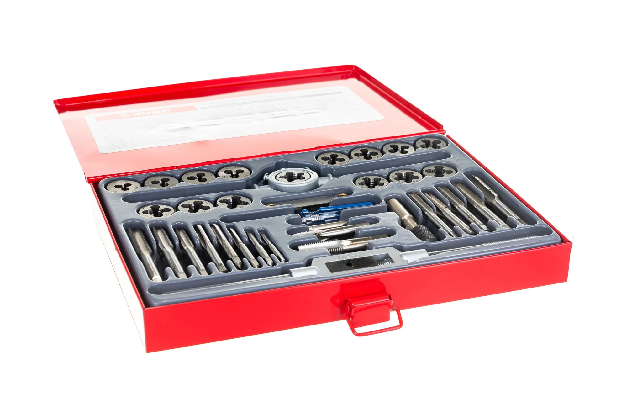 Набор ЗУБР "Мастер" 35предм., метчики однопроходные и плашки М3-М12, в металл.боксе