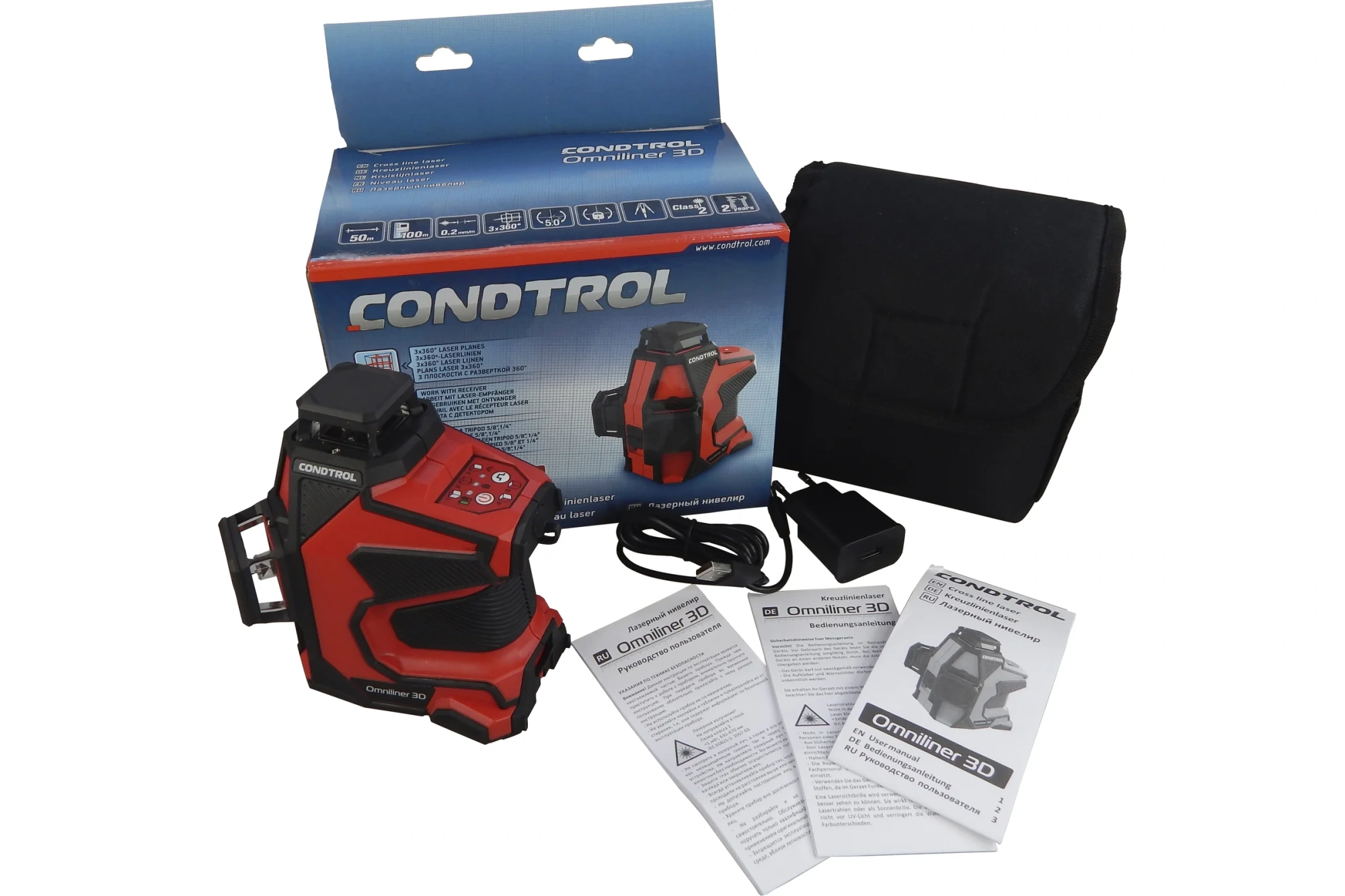 Лазерный нивелир CONDTROL Omniliner 3D (диапазон: 50м, с детектором 100м, погрешность ±0,2мм/м, диапазон самовыравнивания ±4,0°, построитель плоскостей 360° горизонталь, 2 вертикали, тип резьбы 1/4", 5/8", 2 аккум. 5200мАч, сумка)