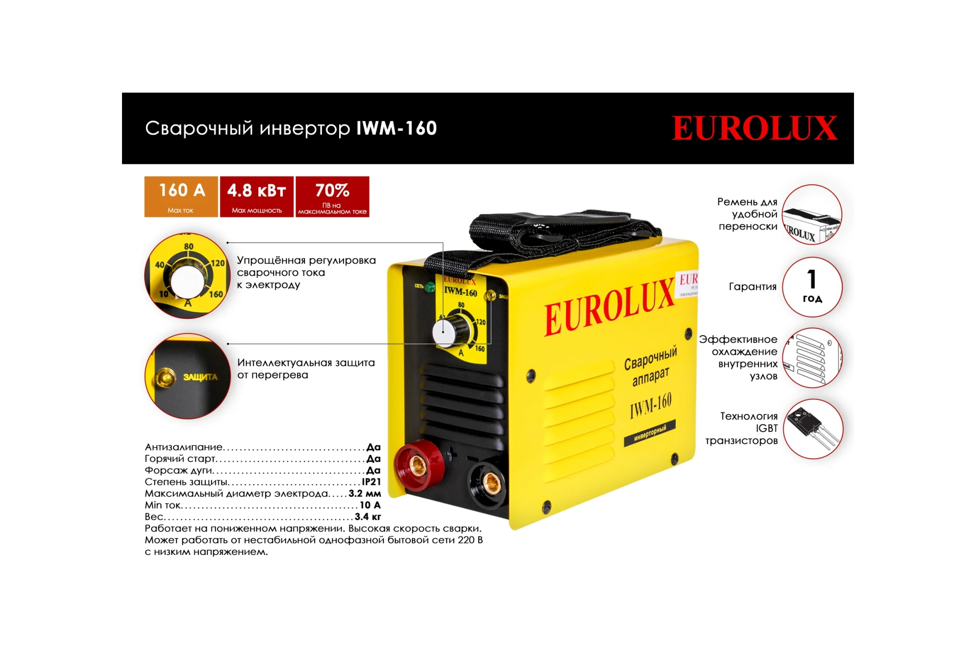 Сварочный инвертор IWM160 (10-160А, 140-260В, ток 20А, Ø4мм, ПВ70%, 3,8кг) Eurolux